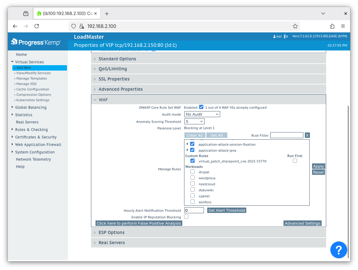 Es wird die Benutzeroberfläche angezeigt: Aktivieren von den OWASP Core Rules