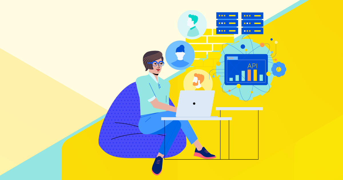 Illustration of a woman sitting on a beanbag chair working on a laptop