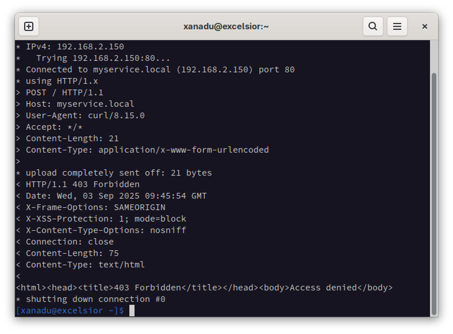 Screenshot of a Linux terminal window showing a blocked web response