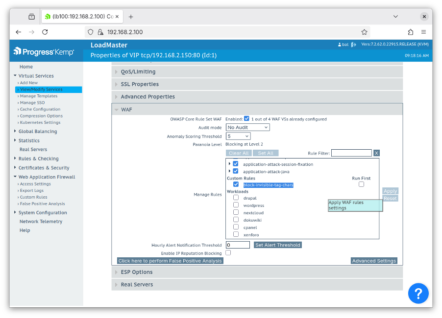 Screenshot of a LoadMaster web UI showing the custom WAF rule being enabled for a virtual service