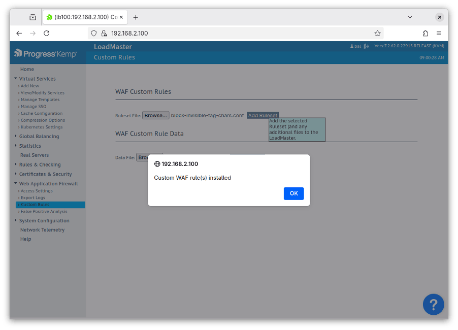 Screenshot of a LoadMaster Web UI showing the custom WAF rule being uploaded