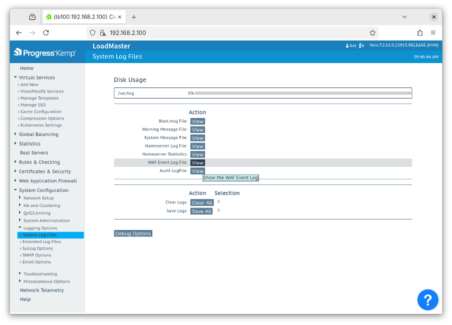 Screenshot of a LoadMaster web UI showing the System Log Files page