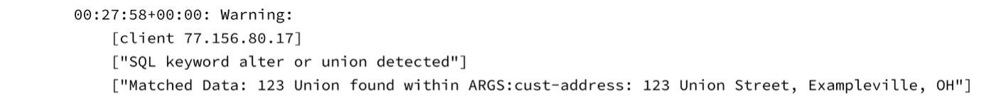 Screenshot of a WAF log line example.