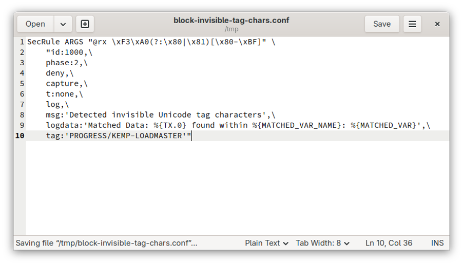 Screenshot showing the rule copy-pasted into a text editor