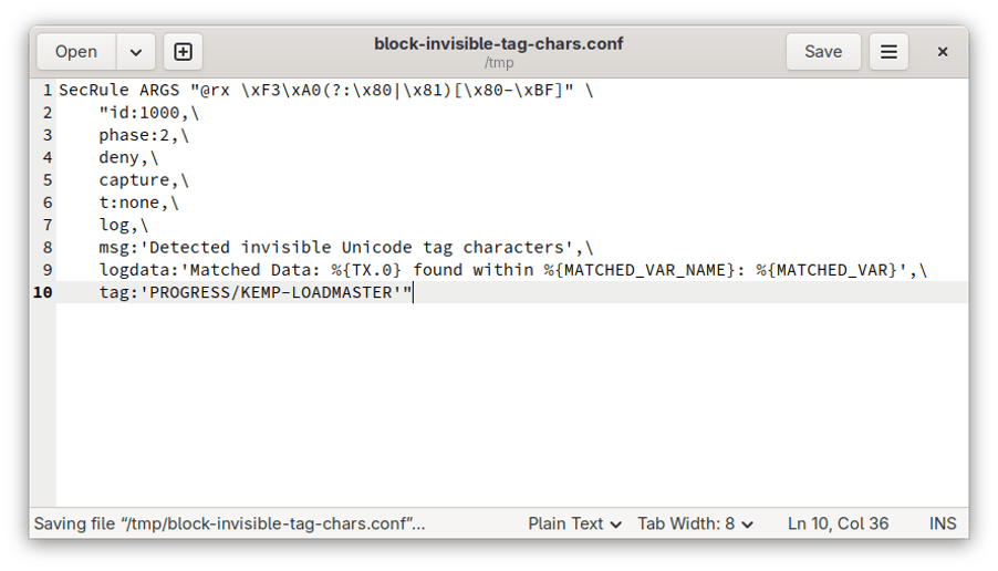 Screenshot showing the rule copy-pasted into a text editor