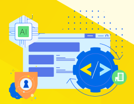 Graphic depicting AI workflows, coding symbols and security icons to represent protecting AI applications.