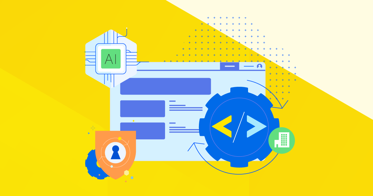 Illustration showing AI security, coding elements and a shield representing protection against prompt injection attacks.