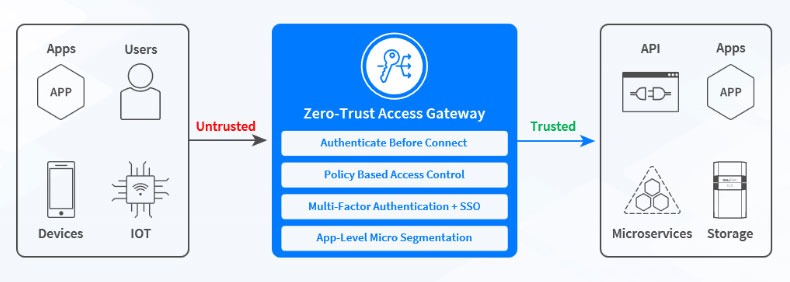 Diagram showing how Zero-Trust Access Gateway treats every connection type. 