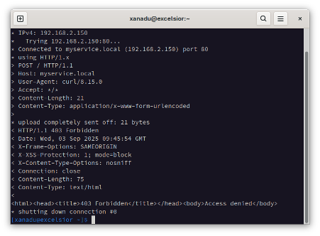 Screenshot of a Linux terminal window showing a blocked web response.