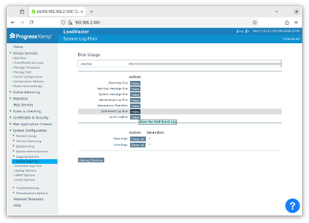 Screenshot of a LoadMaster web UI showing the System Log Files page.