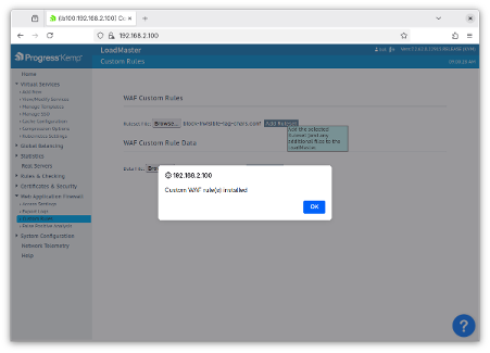 Screenshot of a LoadMaster Web UI showing the custom WAF rule being uploaded.