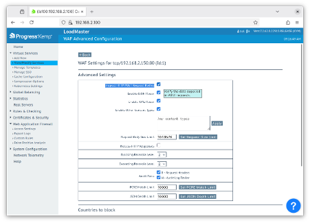 Screenshot of a LoadMaster web UI showing the Advanced Settings page of the WAF setup.