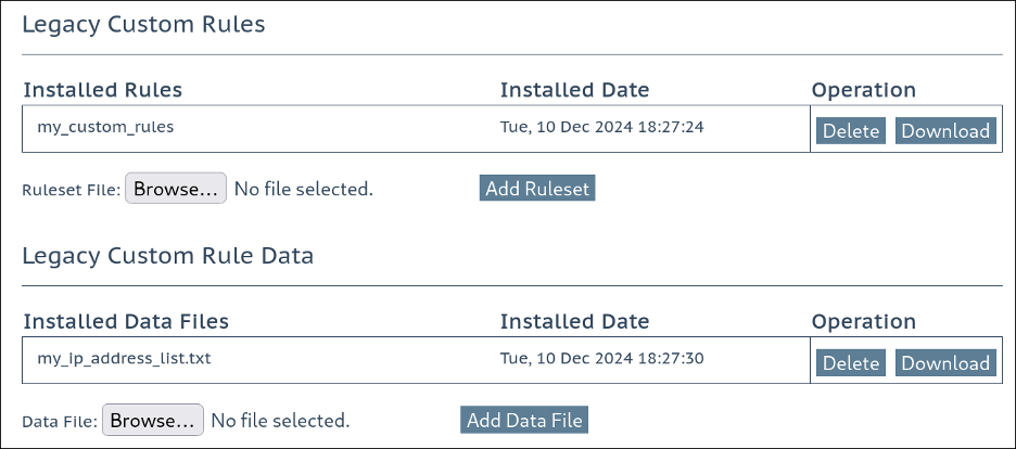 Screenshot der konfigurierten Legacy-WAF-Regeln: Installierte Regeln und installierte Datendateien.
