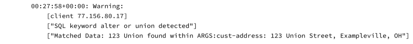 Screenshot of a WAF log line example.